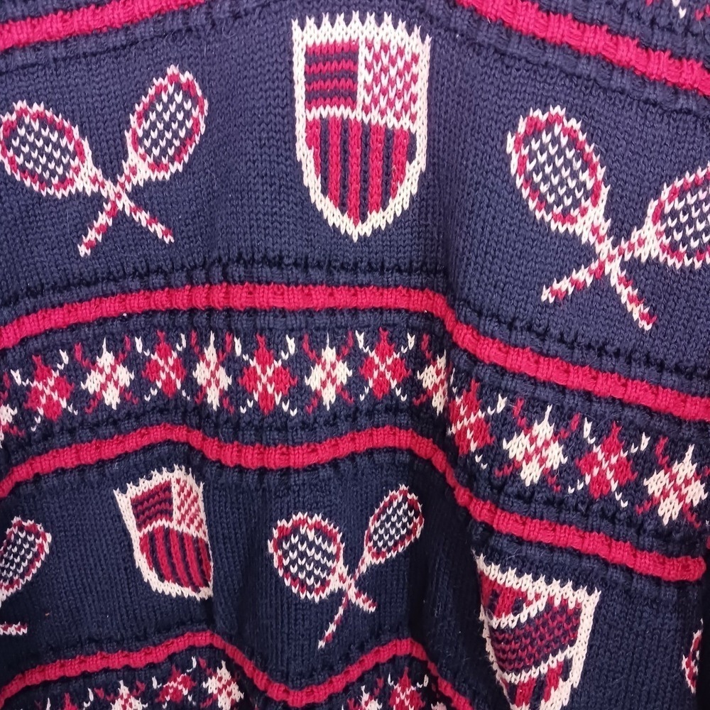 Vintage Tennis Sweater XL USA Cotton Preppy Collegiate Crest Novelty Knit - Picture 4 of 9